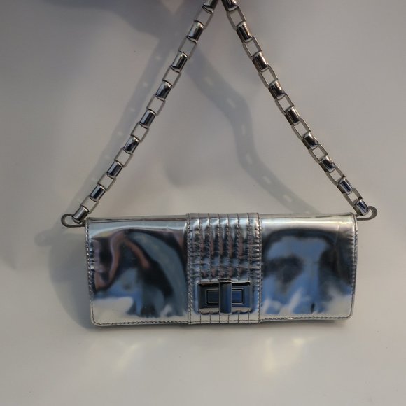 Womens Kooba Silver Chain Strap Leather Clutch Handbag * - Picture 3 of 16